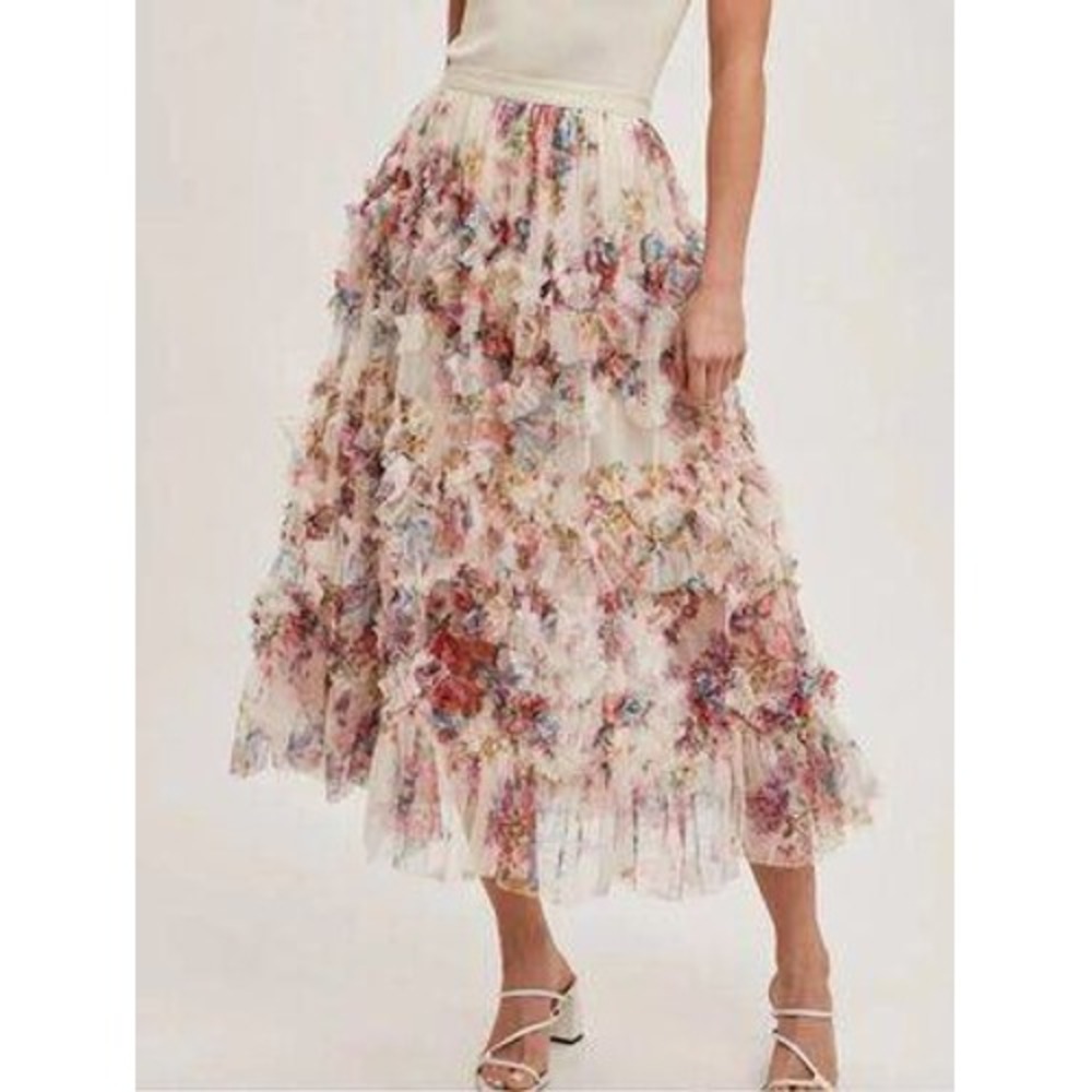 Bluivy Floral Ruffle Mesh Maxi Skirt Cream Multi Tiered Garden Party Size L NEW